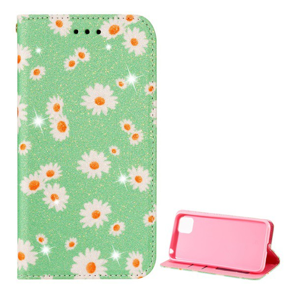 Tok álló, bőr hatású (FLIP, oldalra nyíló, bankkártya tartó, asztali tartó funkció, csillogós, virág minta) ZÖLD [Honor 9S]