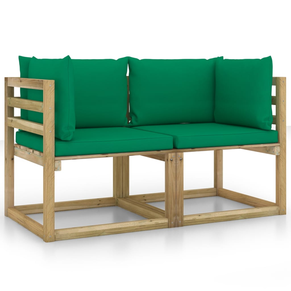 2 db zöld impregnált fenyőfa kerti sarokkanapé párnákkal