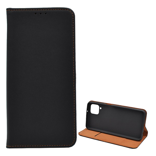 Tok álló, valódi bőr (FLIP, oldalra nyíló, asztali tartó funkció) FEKETE [Samsung Galaxy A12 (SM-A125F / SM-A127F)]