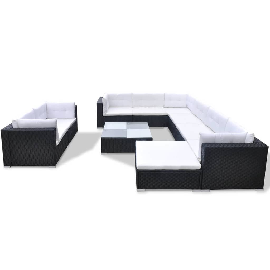 10-részes fekete polyrattan kerti bútorszett párnákkal (41876)