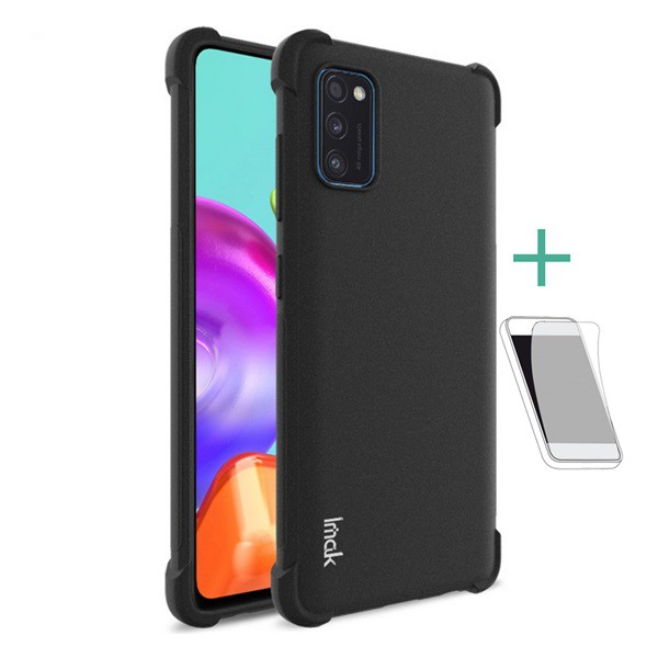IMAK szilikon telefonvédő (közepesen ütésálló, légpárnás sarok, matt + képernyővédő fólia) FEKETE [Samsung Galaxy A41 (SM-A415F)] (5996457956548)