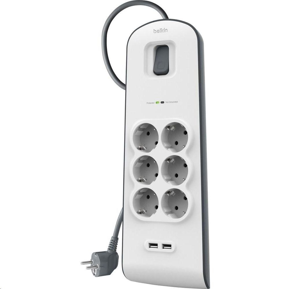 Belkin BSV604vf2m túlfeszültségvédő 6 aljzat + 2 USB-2.4A (osztott) 2m (BSV604vf2m)