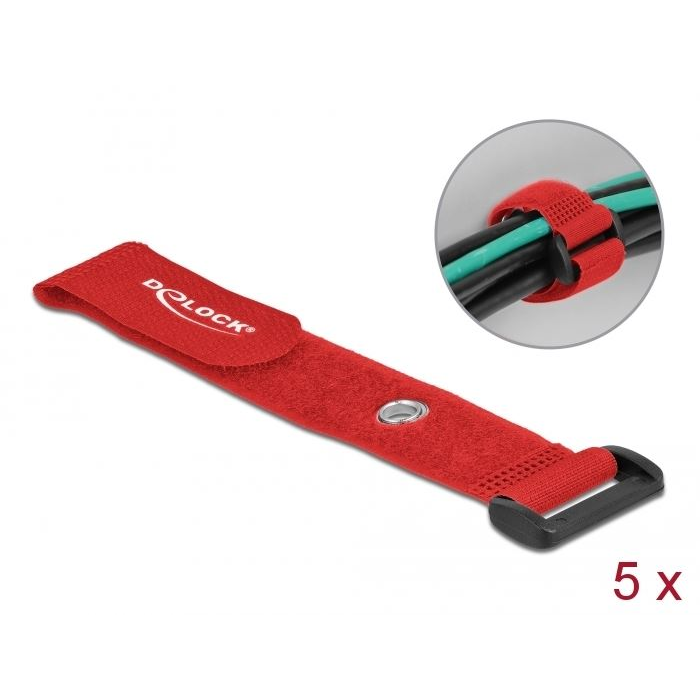 Delock befűzős kábelkötegelő tépőzárral 190x25mm 5db piros (19545) (del19545)