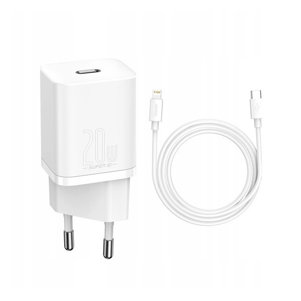Hálózati töltő adapter, 20W, USB Type-C aljzat, USB Type-C - Lightning kábellel, gyorstöltés, PD, Baseus Si, fehér (RS112767)