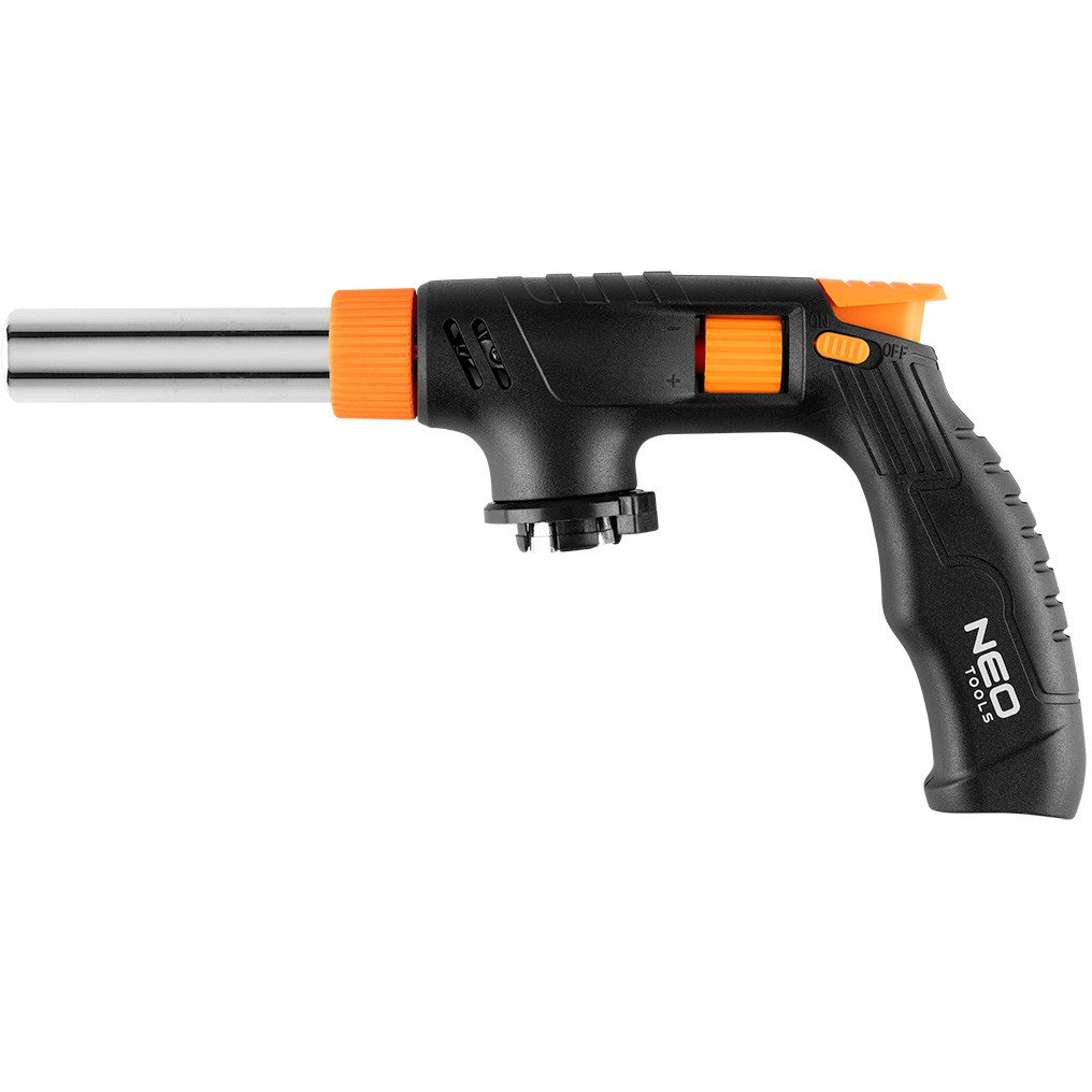 Gázforrasztó gázégő fej réz csavaros 227g-os palackhoz pisztolymarkolat piezo gázszabályzó szelep 360 fok NEO TOOLS 20-028