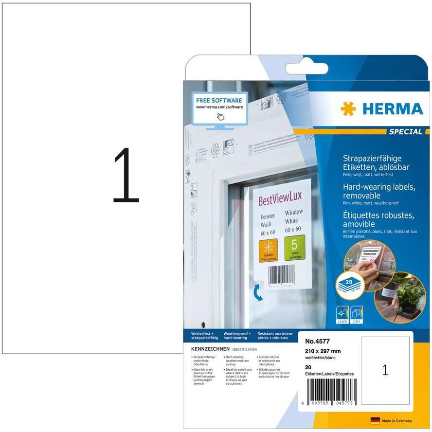 HERMA Folien-Etiketten A4 210x297mm weiß ablösbar 20St. (4577) (4577)