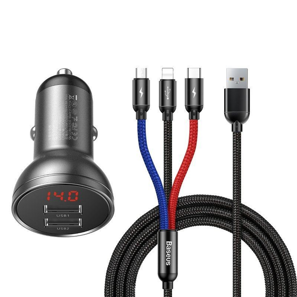 Incarcator auto + Cablu de date 3 in 1, Baseus, 24 W, Gri inchis