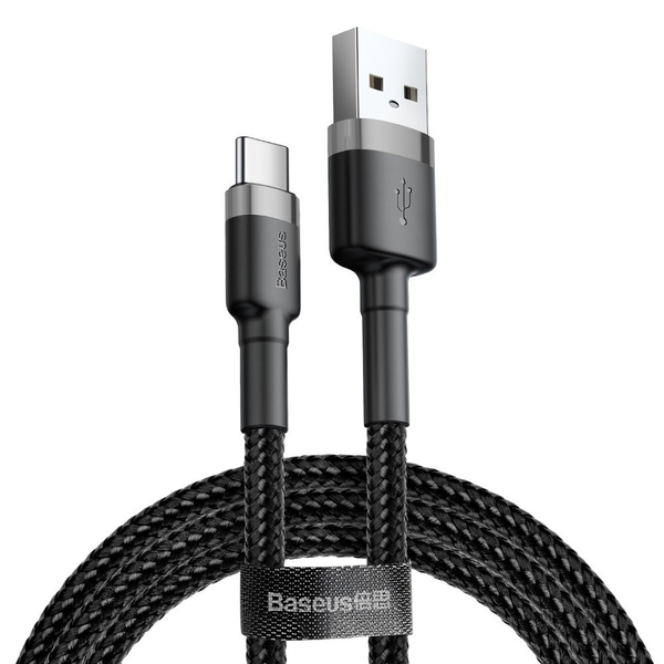 USB töltő- és adatkábel, Lightning, 100 cm, 2400 mA, törésgátlóval, gyorstöltés, cipőfűző minta, Baseus Cafule, CALKLF-BG1, fekete/szürke