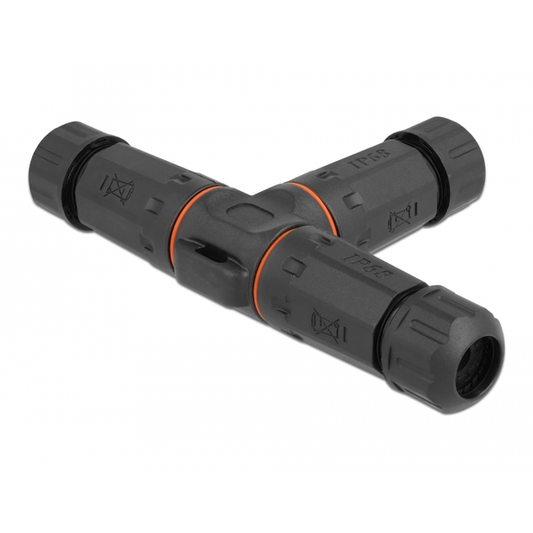 Delock Kabelverbinder T-Form für Außenbereich 5 Pin, IP68 wasserdicht, schraubbar, Kabeldurchmesser 4,5 - 7,5 mm schwarz