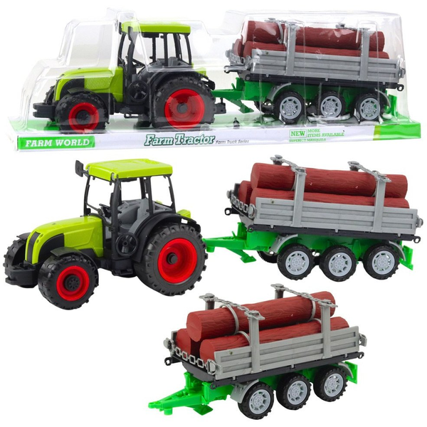 Lean Toys Zöld Mezőgazdasági Traktor Rönk Utánfutóval 47 cm