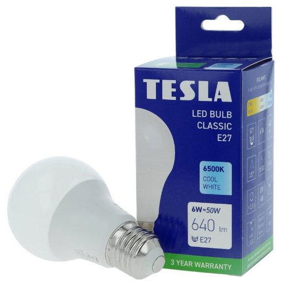 Tesla BULB E27, 6W, 230V, 640lm, 25000h, 6500K hideg fehér, 220° (8596238004986)