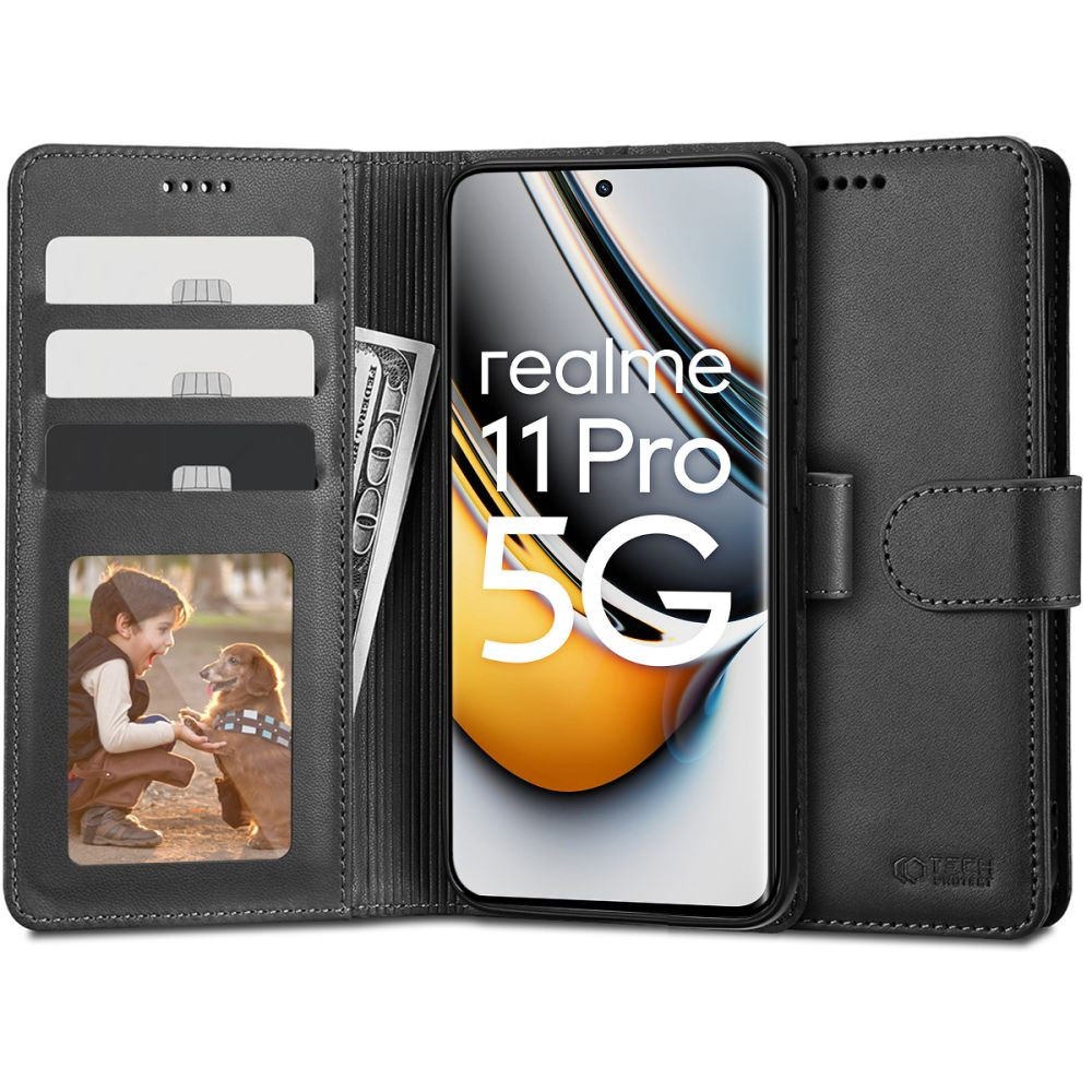 Realme 11 Pro / 11 Pro Plus, Oldalra nyíló tok, stand, mágnes csattal, TP Wallett, fekete (137112)