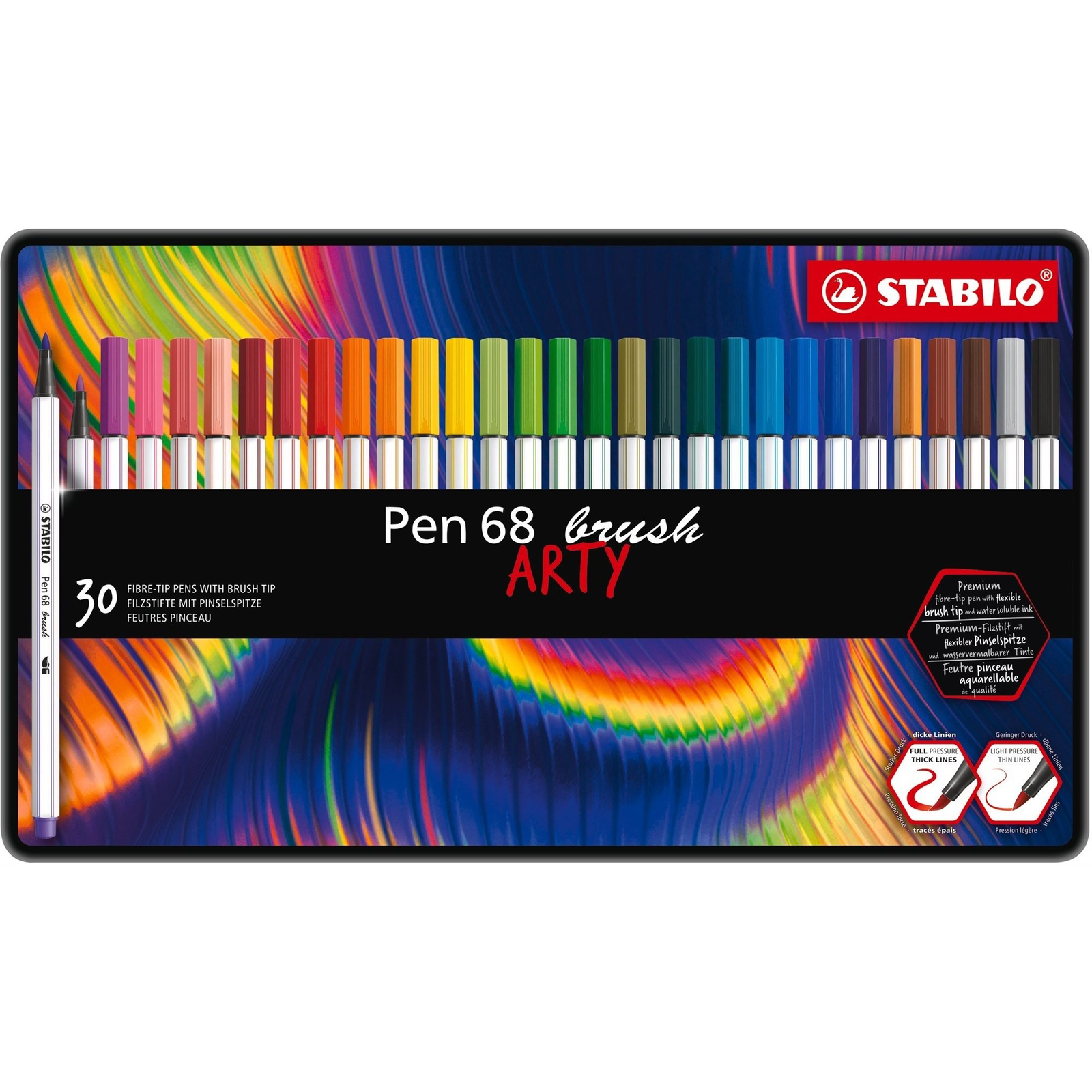 STABILO Pen 68 brush, rugalmas ecset formájú heggyel, fém tokban, 30 szín (4006381578110)