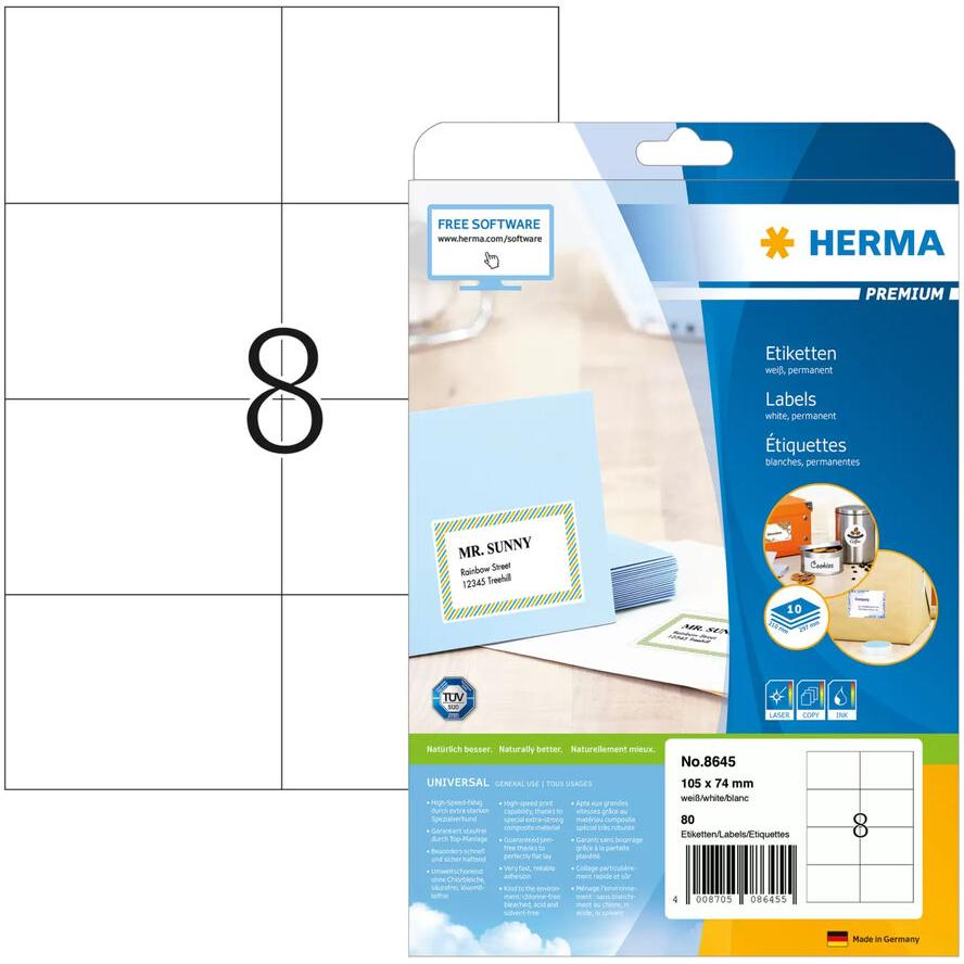 HERMA Etiketten Premium A4 weiß 105x74 mm Papier 80 St. (8645) (8645)