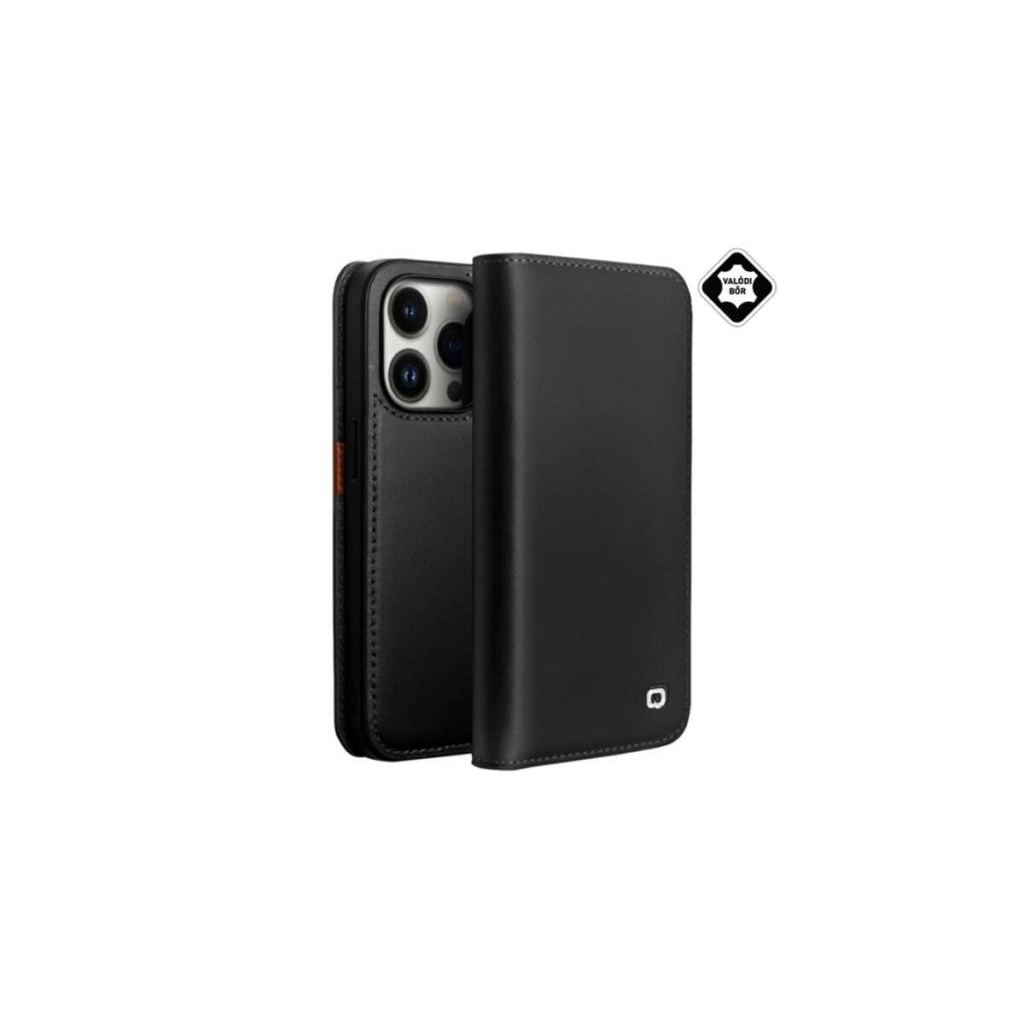 QIALINO tok álló, valódi bőr (FLIP, oldalra nyíló) FEKETE [Apple iPhone 14] (GP-132503)
