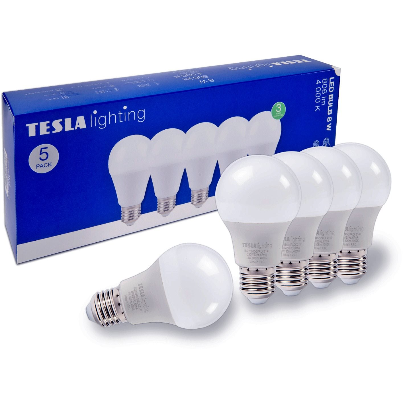 Tesla BULB E27, 8 W, 230 V, 806 lm, 25 000 h, 4000K nappali fehér, 220°, 5 db a csomagban (BL270840-5PACK)