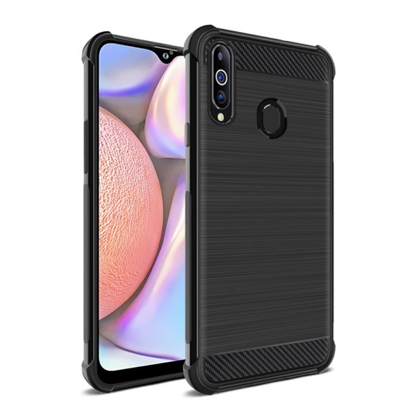 IMAK VEGA szilikon telefonvédő (közepesen ütésálló, légpárnás sarok, szálcsiszolt, karbon minta) FEKETE [Samsung Galaxy A20s (SM-A207F)]