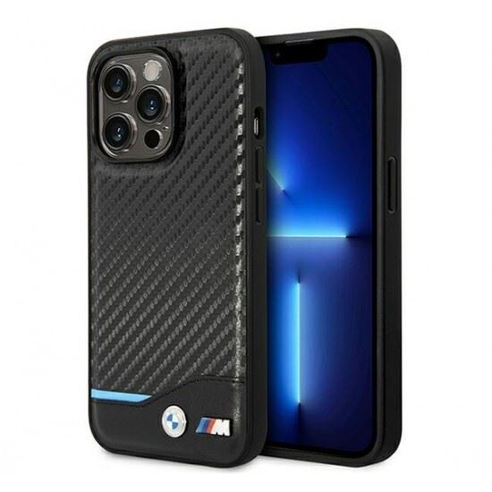 BMW Leather Carbon Apple iPhone 14 Pro hátlap tok fekete (BMHCP14L22NBCK) (BMHCP14L22NBCK)