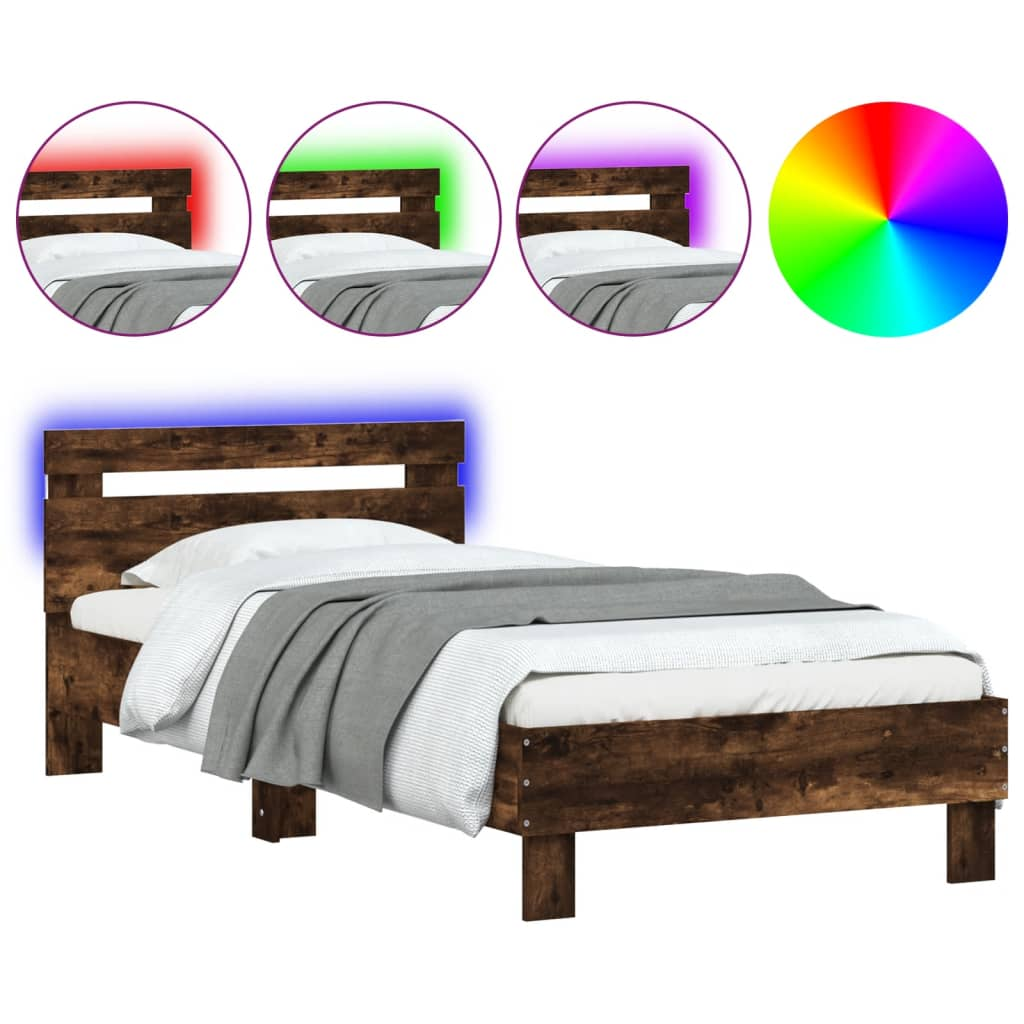 füstös tölgy színű ágykeret fejtámlával és LED-ekkel 90x200 cm (838719)
