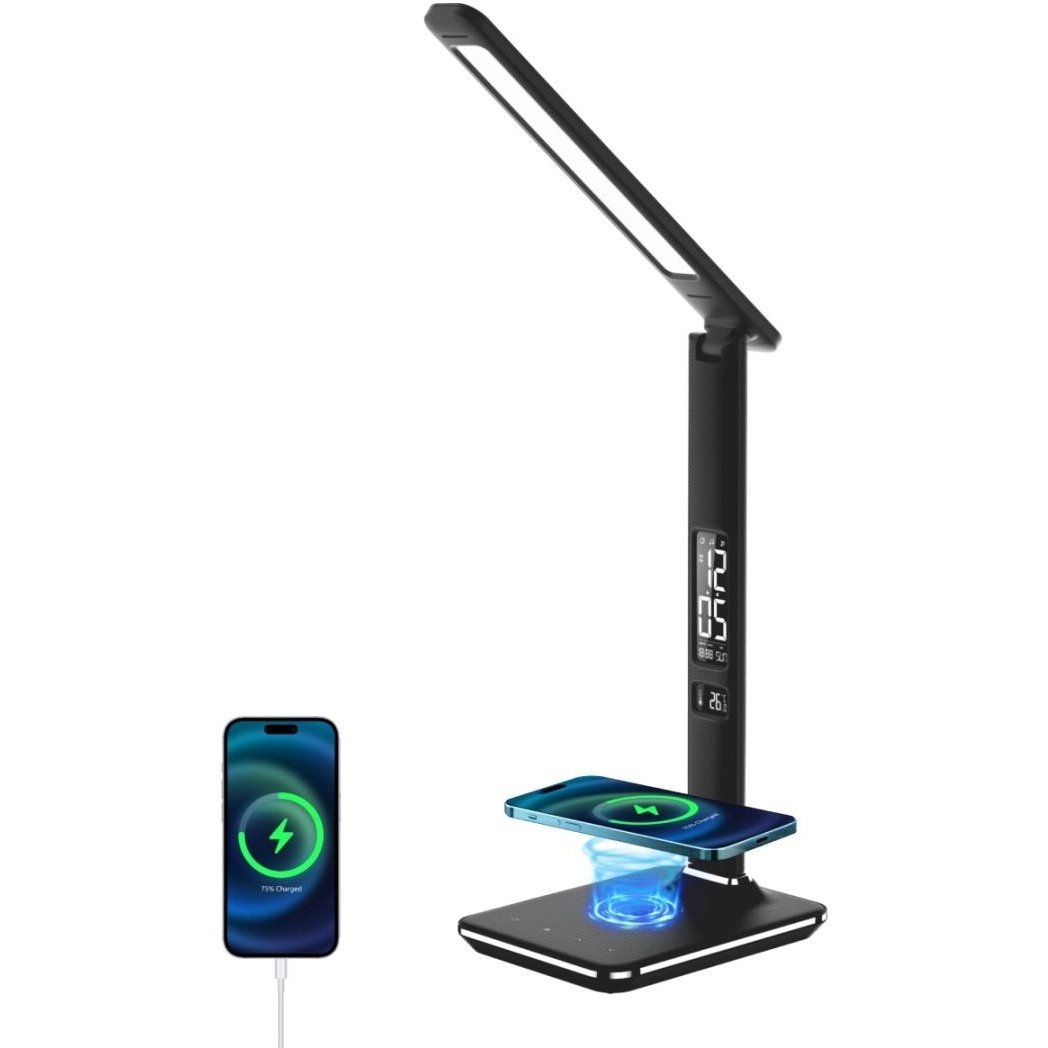 Immax KINGFISHER Qi LED asztali lámpa Qi vezeték nélküli töltéssel és USB-vel fekete (08965L)