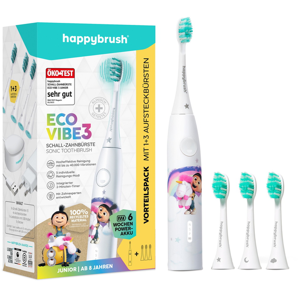 HappyBrush ECO VIBE KIDS Agnes Електрическа детска четка за зъби с 3 глави, бяла