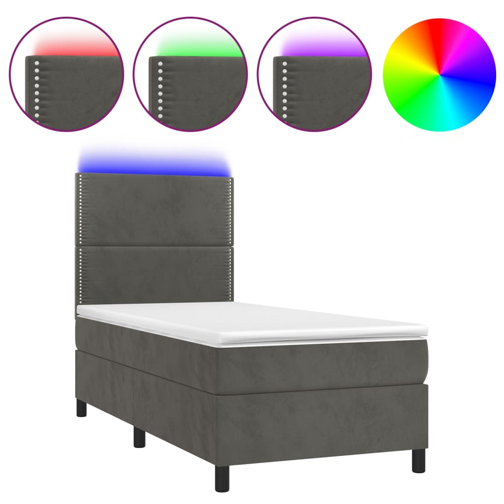 sötétszürke bársony rugós és LED-es ágy matraccal 100x200 cm (3136048)