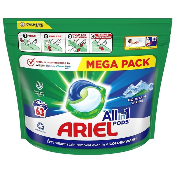 Течни капсули за пране, Ariel, All-in-1 PODS, Mountain Spring, 63 пранета