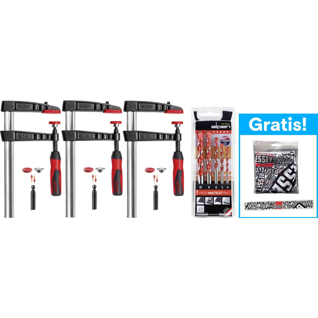 BESSEY csavaros bilincsek és többcélú fúrókészlet összecsukható szabályzóval + tömlősállal (TG30-2K+100705100) (TG30-2K+100705100)