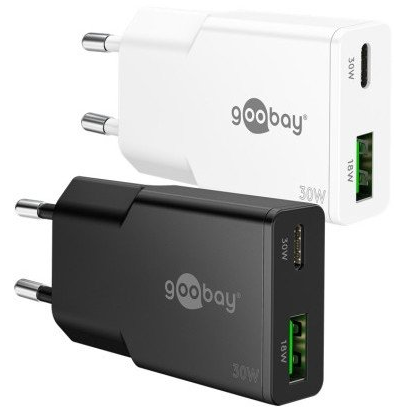 Goobay 75738 Dual USB-A / USB-C GaN Slim Hálózati Gyorstöltő Adapter Készlet 30W - Fehér (2 darabos) (RB75738)