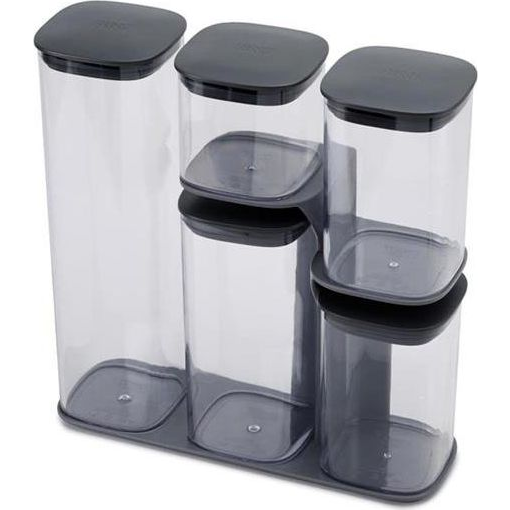 Podium Joseph Joseph, Set De 5 Botes Herméticos Con Soporte, Fáciles De Verter, Ideales Para Alimentos Secos, 500 Ml A 1.9 L, Color Gris.