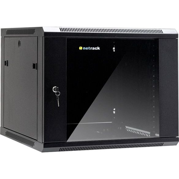 Стенен шкаф със стъклена врата и подвижна страна, Netrack, 9U/600 mm, 19", черен