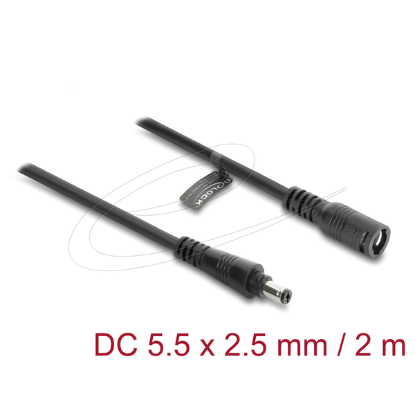 Delock DC hosszabbító kábel 5,5 x 2,5 mm dugós csatlakozó, aljzat, bajonettzárral 18 AWG 2 m fekete