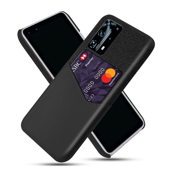 Huawei P40, Műanyag hátlap védőtok, közepesen ütésálló, textil bevonat, bőrhatású hátlap, kártyatartóval, fekete (G99070)