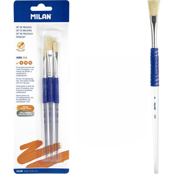 Blister  3 Pinceles Planos (pelo Cerda Chungking) Mango De Plastico  Ergo,serie 526 Naº 8, 10 Y 12 Azul