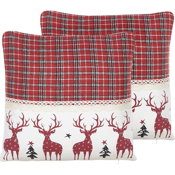 Conjunto De 2 Cojines De Algodón Blanco Rojo Patrón De Renos Cuadros 45 X 45 Cm Robbie - Rojo