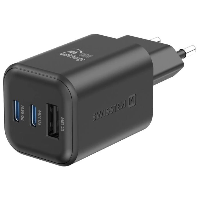 Swissten 22071410 USB-A / 2xUSB-C Hálózati Gyorstöltő Adapter 65W - Fekete (22071410)