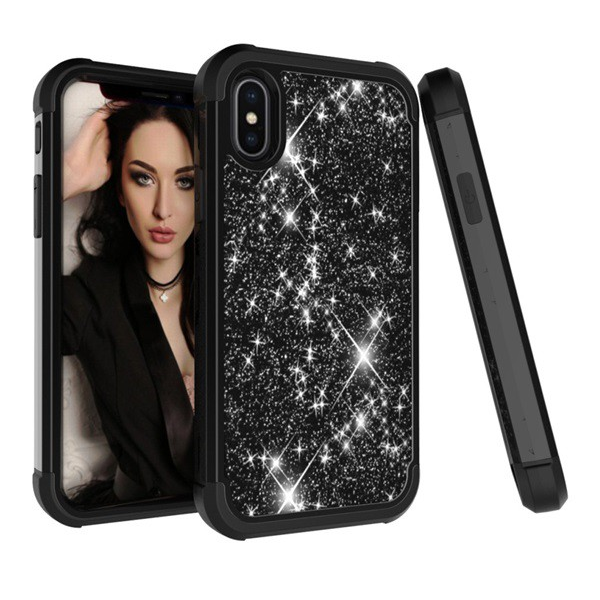 Defender műanyag telefonvédő (közepesen ütésálló, szilikon belső, műanyag keret, flitteres) FEKETE [Apple iPhone XS Max 6.5] (5996457829835)