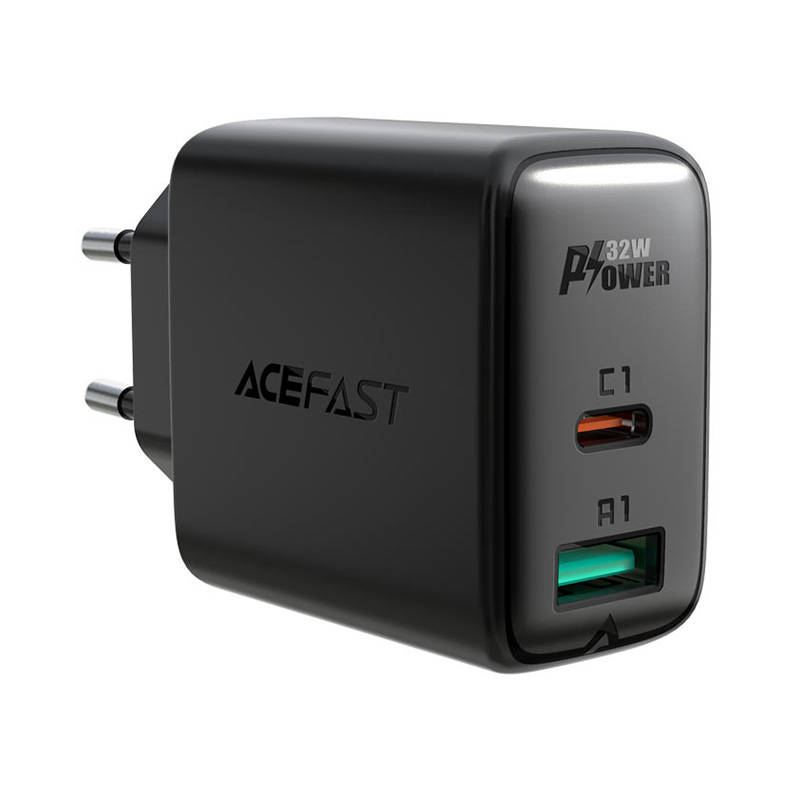 ACEFAST A5 hálózati töltő 1xUSB-C + 1xUSB-A, PD32W fekete (A5 black)