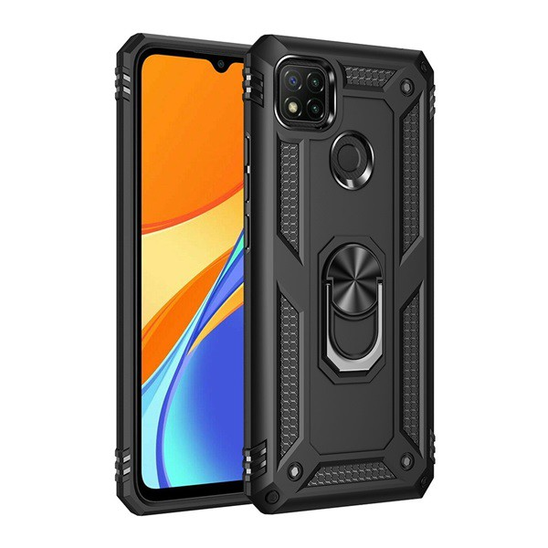 Defender műanyag telefonvédő (közepesen ütésálló, szilikon belső, telefontartó gyűrű, beépített fémlemez) FEKETE [Xiaomi Redmi 9C] (5996591011141)