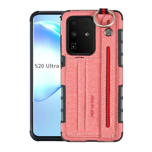 Szilikon telefonvédő (közepesen ütésálló, asztali tartó funkció, bankkártya tartó, textil hátlap + kézpánt) RÓZSASZÍN [Samsung Galaxy S20 Ultra (SM-G988F)] (5996457957774)