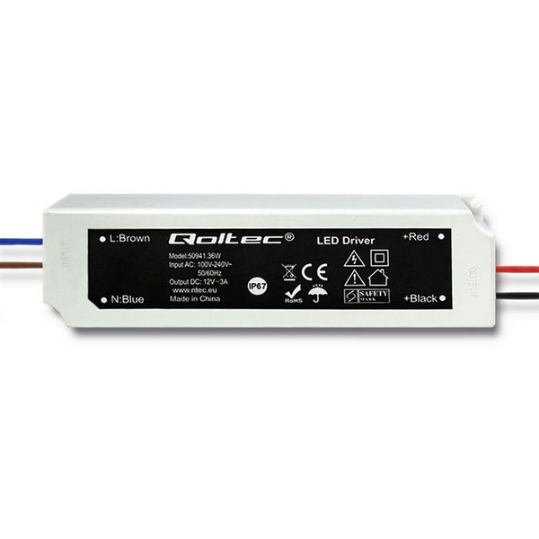 Qoltec LED Szalag tápegység/vezérlő 36W 3A 12V vízálló műanyag ház  (50941)