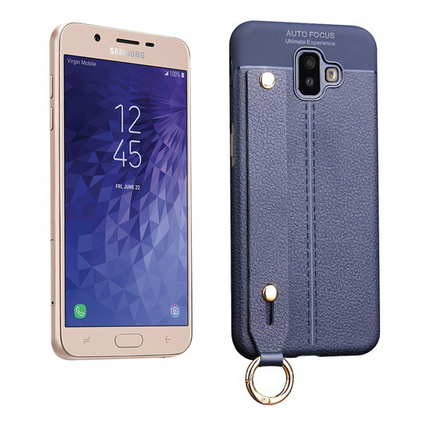 Szilikon telefonvédő (közepesen ütésálló, asztali tartó funkció, bőr hatású, varrás minta + kézpánt) SÖTÉTKÉK [Samsung Galaxy J6 Plus (SM-J610F)] (5996457826018)