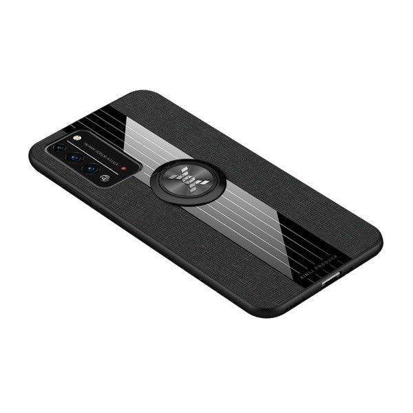 Huawei Honor X10 5G, Műanyag hátlap védőtok, közepesen ütésálló, szilikon belső, telefontartó gyűrű, textil minta, Defender, fekete (G99243)