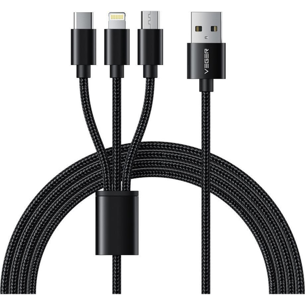 Kábel Veger USB - USB typ C / microUSB / Lightning 1,2 m čierny
