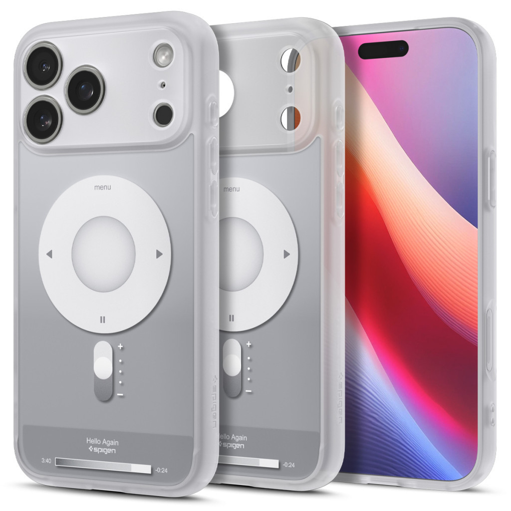 Apple iPhone 17 Pro, Műanyag hátlap védőtok + szilikon keret, Magsafe töltővel kompatibilis, iPod minta, Spigen Ultra Hybrid Classic Mag, ezüst (8800283314878)