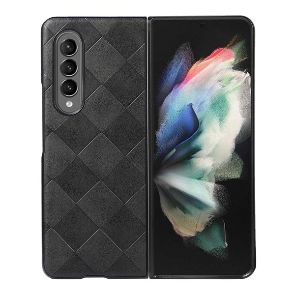 Стоящ калъф за Samsung Galaxy Z Fold3 5G (Sm-F926), кожен ефект (обръщане, отваряне настрани, функция за настолен държач, 3D квадратна шарка, Premium) черен