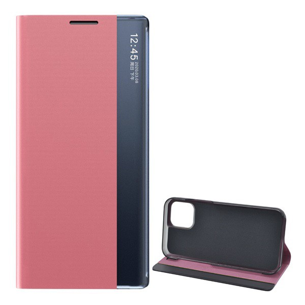 Tok álló, textil hatású (aktív FLIP, oldalra nyíló, asztali tartó funkció, Smart View Cover) RÓZSASZÍN [Apple iPhone 12 Pro Max] (5996591021348)