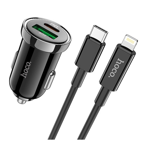 HOCO Z44 autós töltő USB / Type-C aljzat (5V / 3000 mA, PD gyorstöltés tám. + Type-C - lightning 8pin kábel) FEKETE (Z44_B_TYPEC) (Z44_B_TYPEC)
