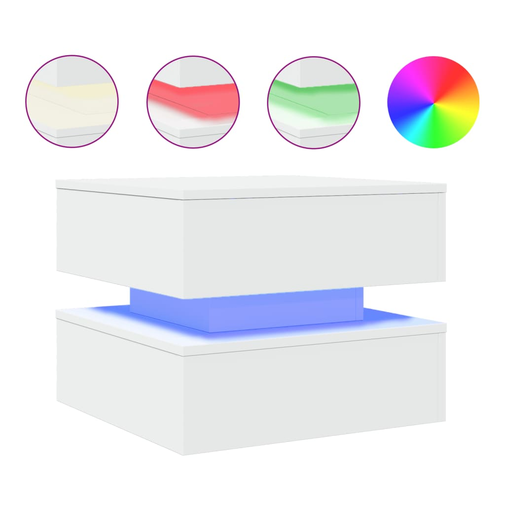 fehér dohányzóasztal LED-lámpákkal 50 x 50 x 40 cm (839854)