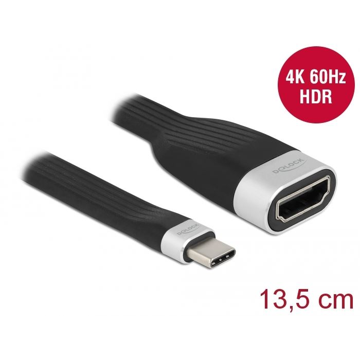 Delock USB-C apa - HDMI anya lapos csík kábel 13,5 cm fekete (86729) (DL86729)